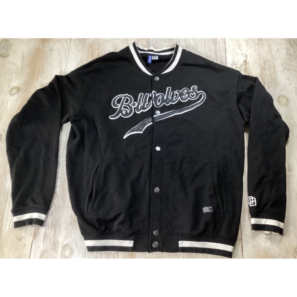 H&M Divided Black B Wolves Baseball Bomber Jacket Mens XL Snap Button Varsity